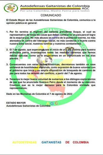 El grupo criminal anunció cese